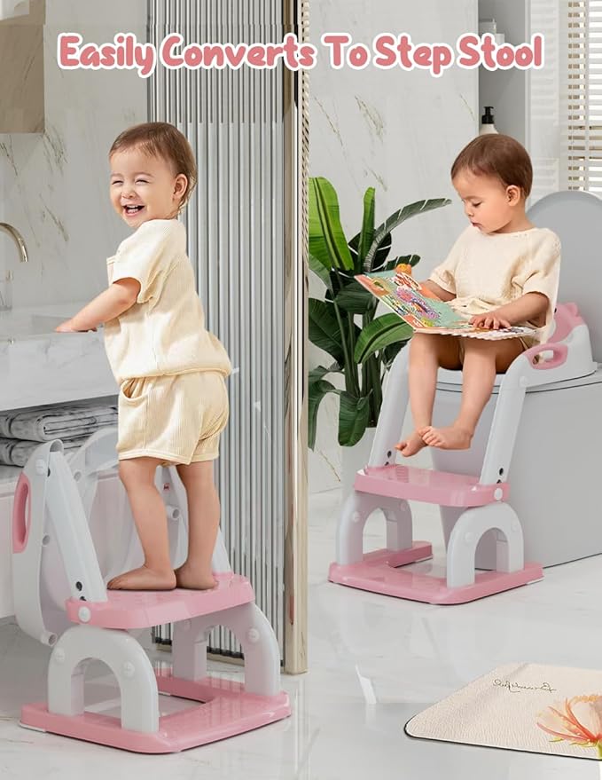 Potty Training Seat with Step Stool, Toddler Potty Training Toilet Seat with Non-Slip Step Splash Guard Safety Handles and Waterproof Cushion, 2 In 1 Toddler Potty Seat