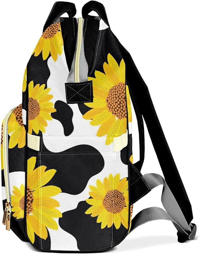 Sunflower Cow Print Diaper Bag Backpack Tote Custom with Name Multifunction Waterproof Travel Back Pack Diaper Bag Gifts Backpack for Men Women 10.8"x7.8"x15.7"