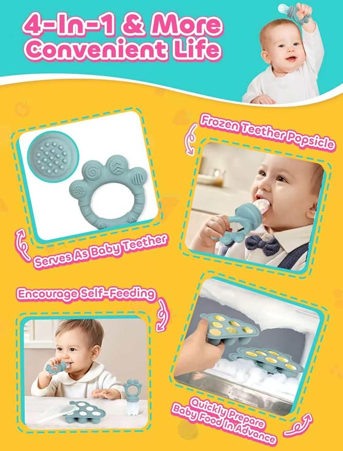 Baby Popsicle Molds & Food Feeder Set, Baby Fruit Feeder for Infant Teething Relief & Safe Infant Self Feeding 4 Months+ Starting Solids for Essentials (Beige)