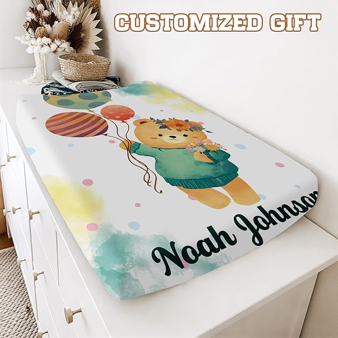 Personalized Baby Changing Pad Cover with Name - 2 Piece Green Bear Printing Baby Pee Pad Cover for Diaper Changing Table, Portable Custom Gifts for Infant Baby