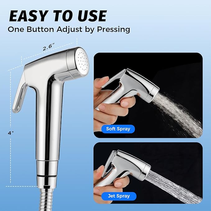 Handheld Bidet Sprayer for Toilet, Bidet Sprayer Kit with Stainless Steel Hose for Feminine Wash, Adjustable Water Pressure Handheld Sprayer for Cloth Diaper Wash (Chrome Silver)
