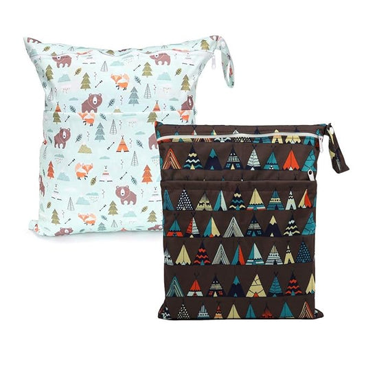 2 Wet Bags With Two Zippered Pockets Reusable Diaper Nappy Waterproof (3D Deer and Teepee)
