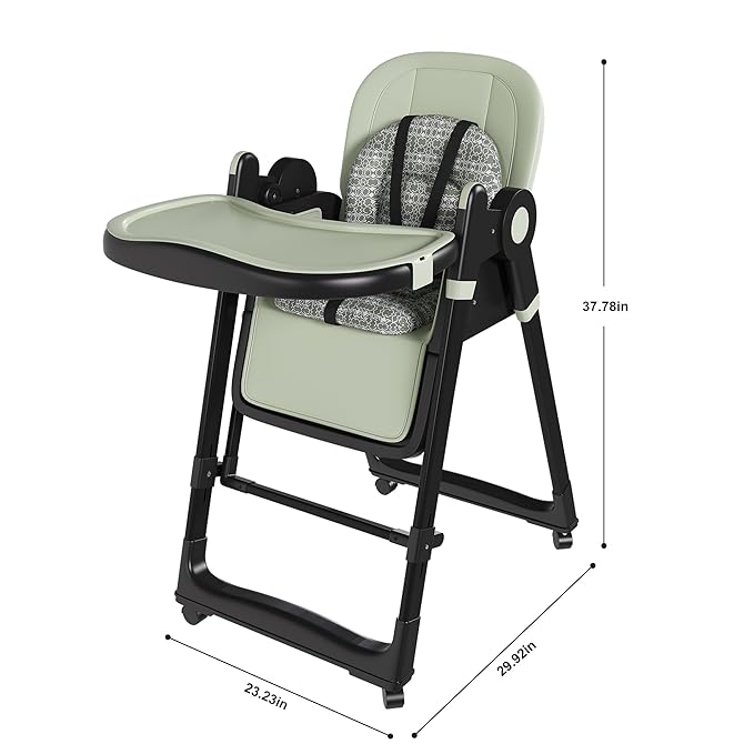 Foldable Baby High Chair with 150° Swing & Recline,Convertible High Chairs for Babies and Toddlers,5 Height Levels,3 Backrest & Footrest Positions,Removable Double Tray,Lockable Wheels (Dark Green)