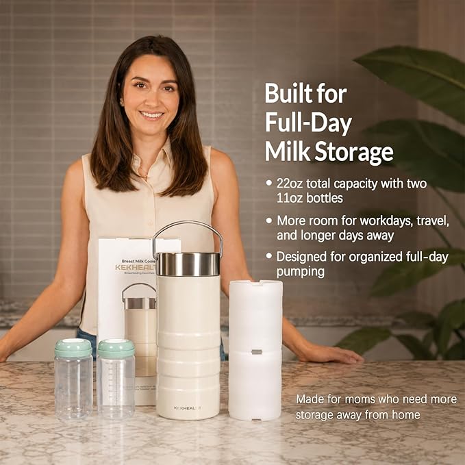 22oz Premium Stainless Steel Breast Milk Cooler, 360° Cooling Gel Ring, 24-Hour Cold Storage, 2 BPA-Free 11oz Bottles, Leak-Proof, Designed for Working Moms and Full-Day Outings