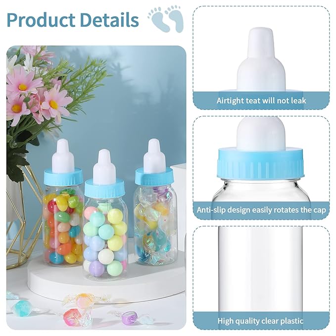 48 Pcs 4.5 Inch Baby Bottle Shower Favor Mini Plastic Candy Bottle Baby Shower Fillable Feeding Candy Box for Party Boy Girl Birthday Newborn Baptism with Removable Blue Tops