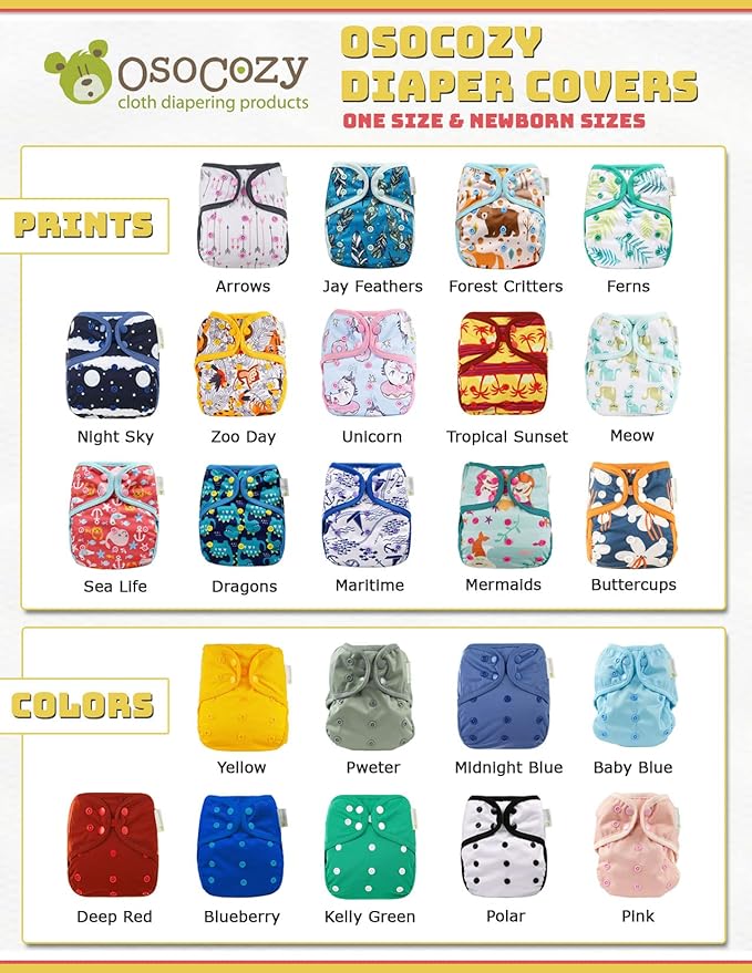 OsoCozy One Size Cloth Diaper Covers - Adjustable Snap Fit & Double Leg Gussets for Baby Boys & Girls from 8-35 Pounds. Use with Prefold, Flat or Fitted Cloth Diapers or Snap-in Inserts.