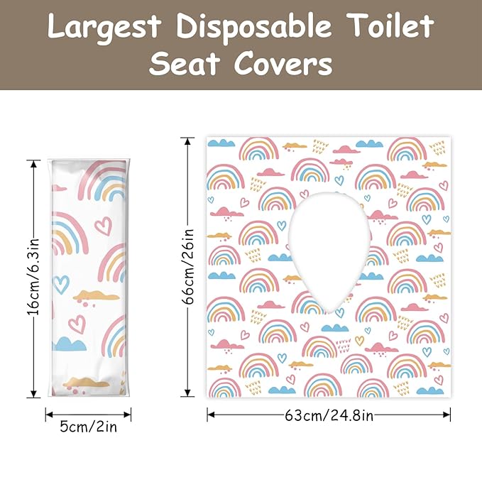 DEEKI 60 Pack Toilet Seat Covers Disposable, Safe No-Slip Waterproof for Kids Toddlers Use in Potty Training Public Restrooms Toilets, Portable Clean Covers for Adults Travel -Rainbow (60 P)
