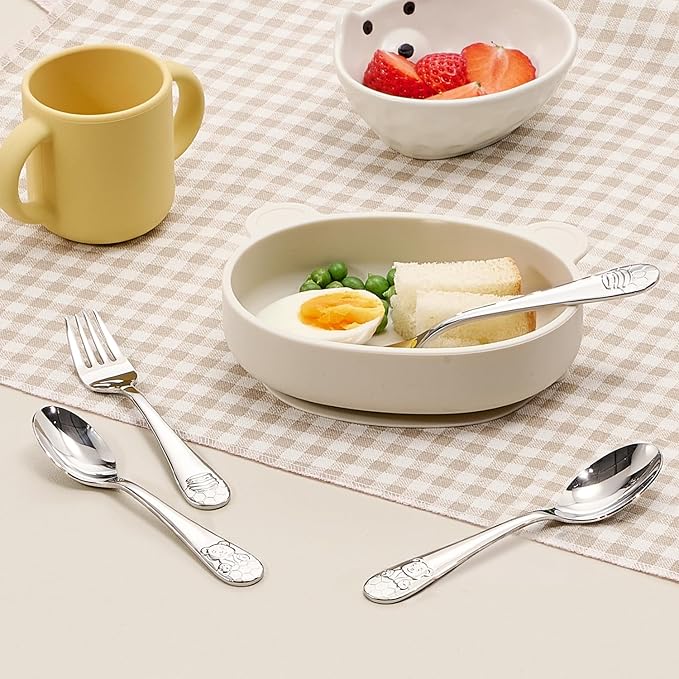 KINGSTONE Toddler Utensils Set, 12-Piece Small Forks & Spoons, 18/10 Stainless Steel, Ergonomic Self-Feeding Children’s Flatware for Home & Preschool, Honey Bear Print
