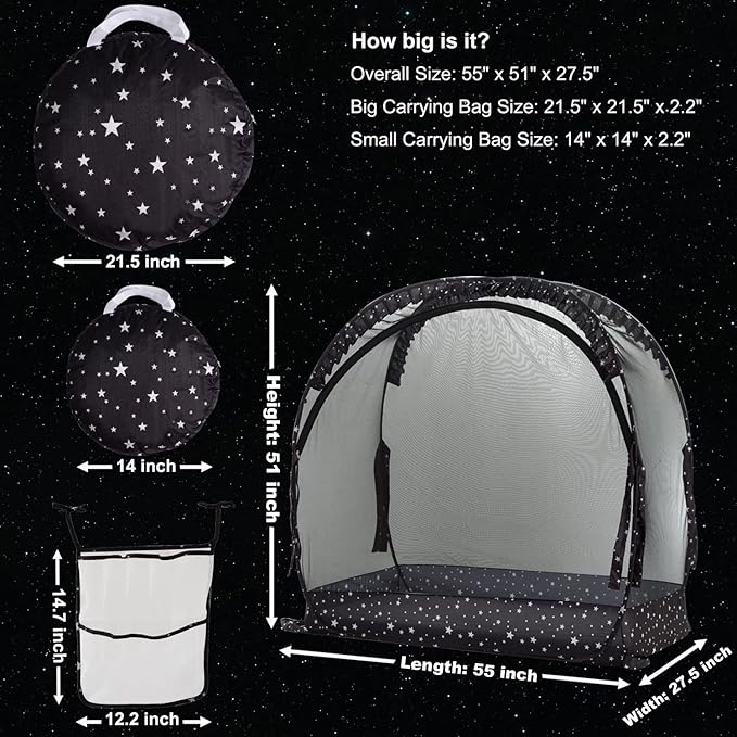 Safety Pop Up Crib Tent Cover to Keep Toddler from Climbing Out - Baby Bed Star Net Canopy with Mesh Organizer