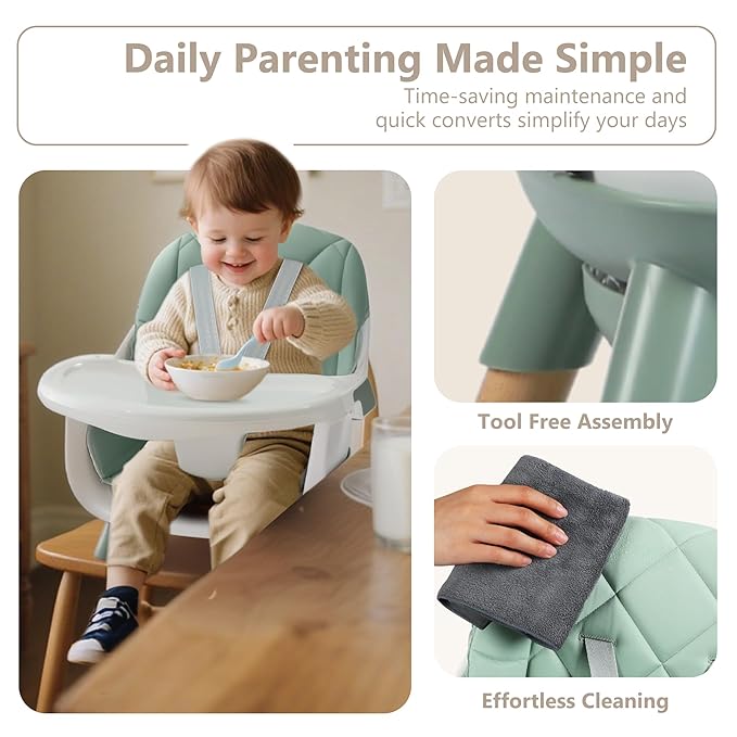 Kinder King 7 in 1 Baby High Chair for Babies and Toddlers with Large Storage Footrest, Booster Seat, Convertible Wooden High Chair with 3-Depth Double Dishwasher Safe Tray, 5 Point Harness, Green