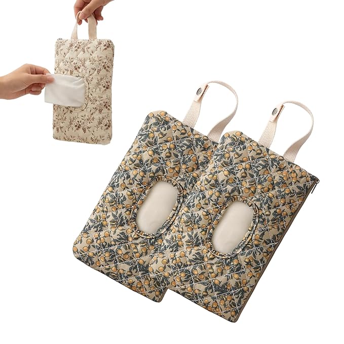 2 PCS Floral Quilted Baby Wipe Holder Pouch with Strap, Reusable Portable Wipes Case for Stroller & Diaper Bag, Leak-Proof Travel Wipes Dispenser with Floral Pattern (Green)