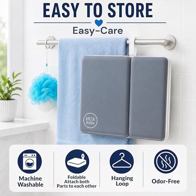 Comfortable Baby Bath Kneeler and Elbow Rest Pad Set, Non-Slip Bathtub Kneeling Pad for Bathing Baby, Bath Tub Cushion Mat, Elbow Pads, Toy Organizer Storage Pockets, Strong Suction Cups (Lua Gray)