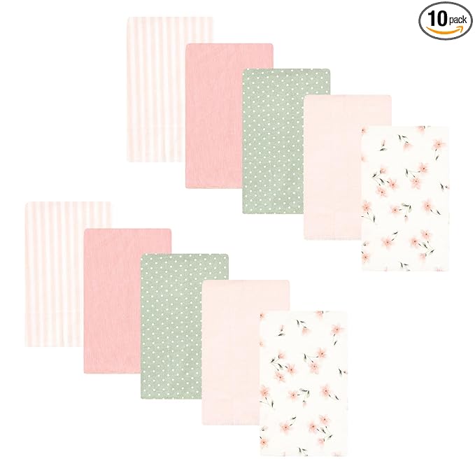 Hudson Baby Unisex Baby Cotton Flannel Burp Cloths, Pink Dainty Floral 10 Pack, One Size