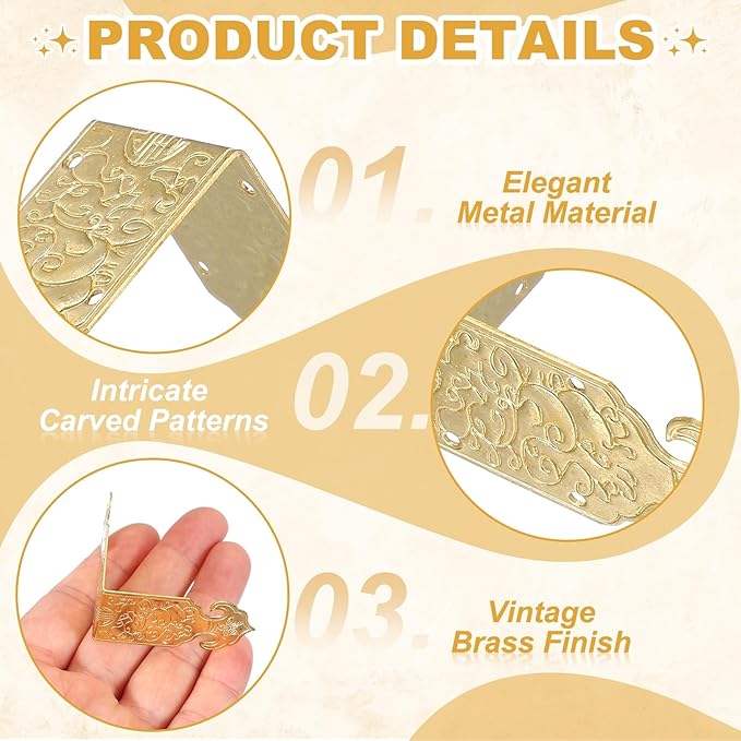 uxcell 4Pcs L Shaped Vintage Embossing Brass Decorative Corner 2 x 1 Inch Corner Protector with Mounting Nails Box Edge Guard Retro for Cabinets Furniture Decorative (Brass)
