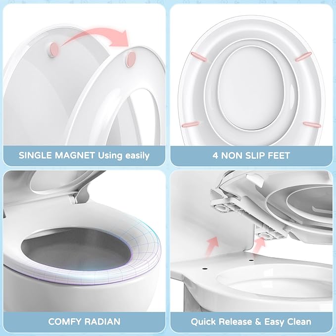 YASFEL Toddler Toilet Seat Built in, Potty Training Toilet Seat for Toddlers, Kids & Adults White Plastic Toilet Seats Standard Round Slow Close with Magnets(White, 16.5”)