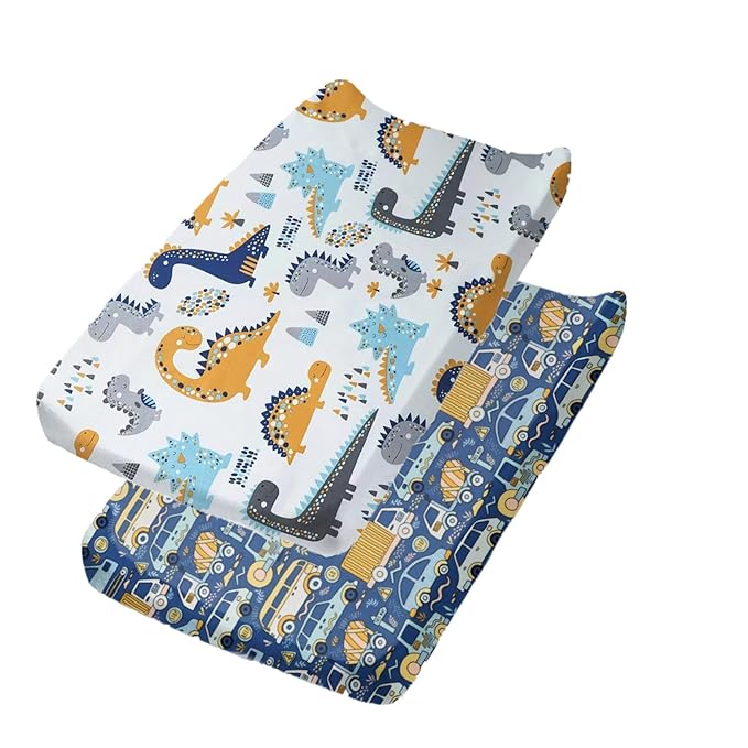 2 Pack Changing Pad Cover for Girls Boys, Ultra Soft Breathable Cotton, Baby Diaper Change Table Pad Covers (32"x16", Dinosaurs Car)