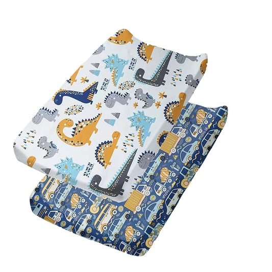 2 Pack Changing Pad Cover for Girls Boys, Ultra Soft Breathable Cotton, Baby Diaper Change Table Pad Covers (32"x16", Dinosaurs Car)