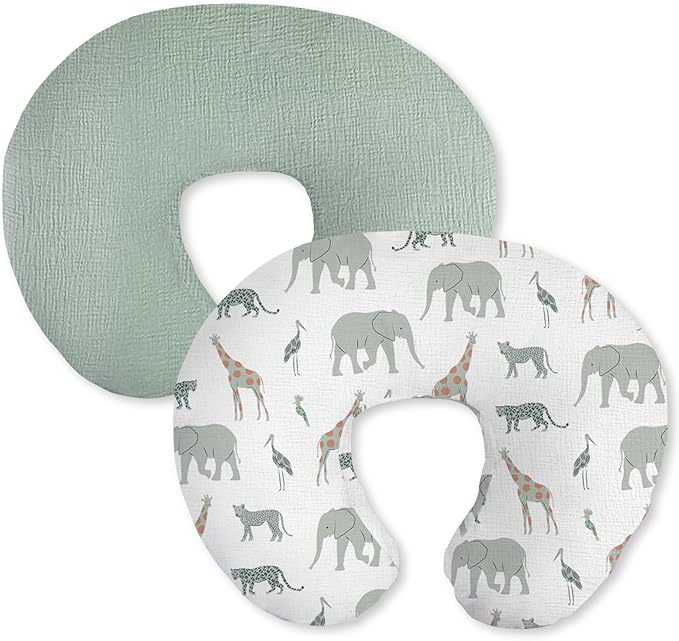 Little Grape Land Muslin Nursing Pillow Covers 2 Pack, 100% Cotton Removable Breastfeeding Pillow Covers, Feeding Pillow Slipcovers for Baby Boys & Girls, (Safari & Green)