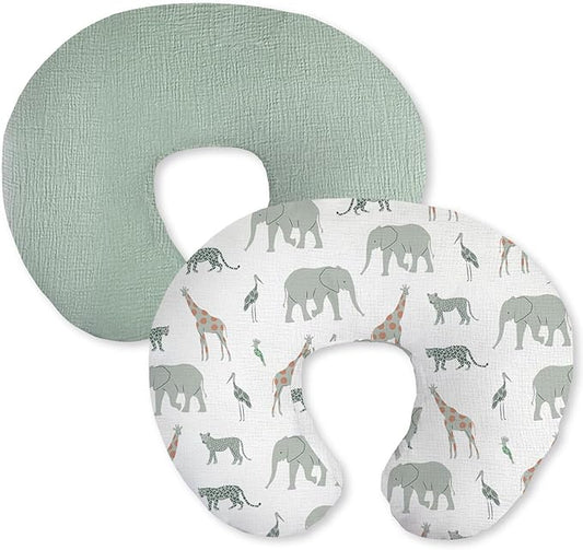 Little Grape Land Muslin Nursing Pillow Covers 2 Pack, 100% Cotton Removable Breastfeeding Pillow Covers, Feeding Pillow Slipcovers for Baby Boys & Girls, (Safari & Green)