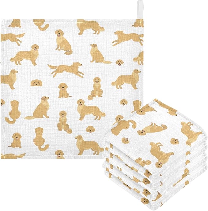 vvfelixl Baby Cotton Washcloths Golden Retriever Dogs Infants Bath Towel for Unisex Goldies Puppy Face Towels for Newborn, Natural Baby Wipes Delicate Skin, 11.8 X 11.8 inch, one sizex5