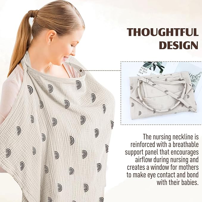 Cinaci 2 Pack Pure Cotton Muslin Lightweight Breathable Breastfeeding Nursing Cover Blankets with Adjustable Metal Clasp (Rainbow Khaki+Khaki)