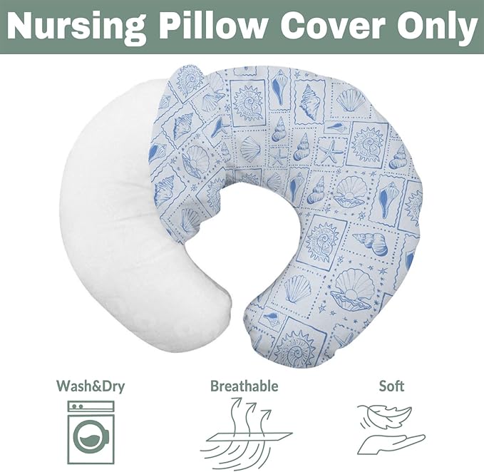 Blue Seashells Baby Nursing Pillow Covers for Boy Girl Boho Beach Conch Nursery Feeding Pillowcase for Breastfeeding Pillows Pastel Summer Coastal Soft Stretchy Removable Cover for Newborn Infant