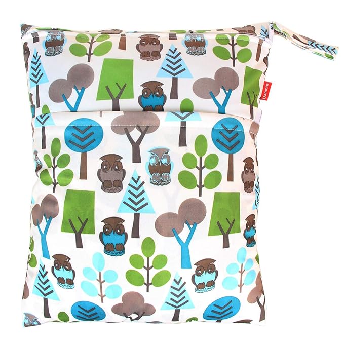 Damero 2pcs Travel Wet and Dry Bag, Reusable Wet Bags Organizer with Two Zippered Pocket for Cloth Diaper, Pumping Parts, Swimsuit and Gym, Green Forest