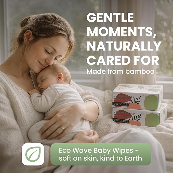 Eco Wave Baby Wipes, 100% Compostable Eco-Friendly Bamboo Wipes, Unscented, Hypoallergenic, Vegan, Alcohol-Free, Suitable For Sensitive Skin (Pack of 4)