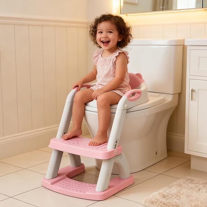 Potty Training Seat with Step Stool Ladder, Toddler Toilet Seat for Boys Girls, Adjustable 6 Heights Fits Round & Elongated Toilets, Anti-Slip Pads & Leak-Proof Guard