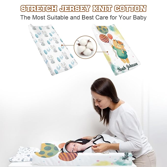 Personalized Baby Changing Pad Cover with Name - 2 Piece Green Bear Printing Baby Pee Pad Cover for Diaper Changing Table, Portable Custom Gifts for Infant Baby