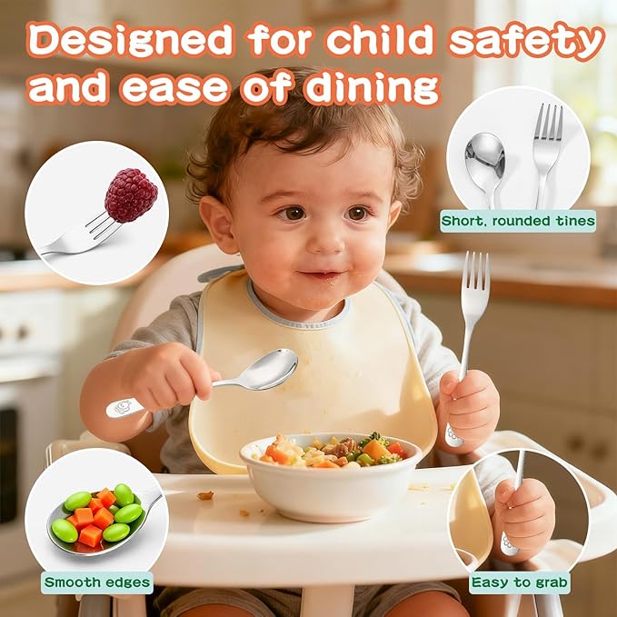 Stainless Steel Toddler Utensils Set - 12 Pieces Kids Silverware Set Children Safe Food Grade Small Forks and Spoons Dishwasher Safe Mirror Polished