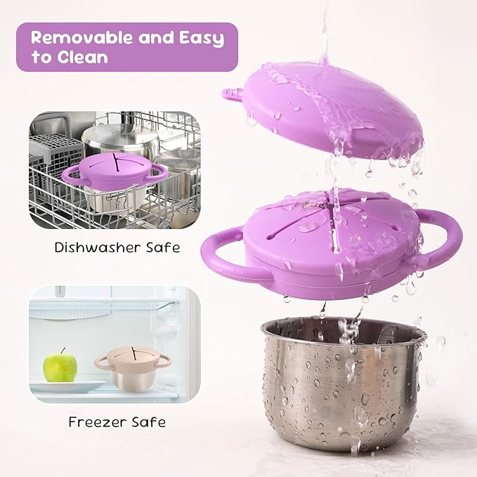 Bufilea 2 Pack Snack Containers for Toddlers, Stainless Steel Toddler Snack Cups with Silicone Food Catcher & Lids,Snack Cups for toddlers Spill Proof
