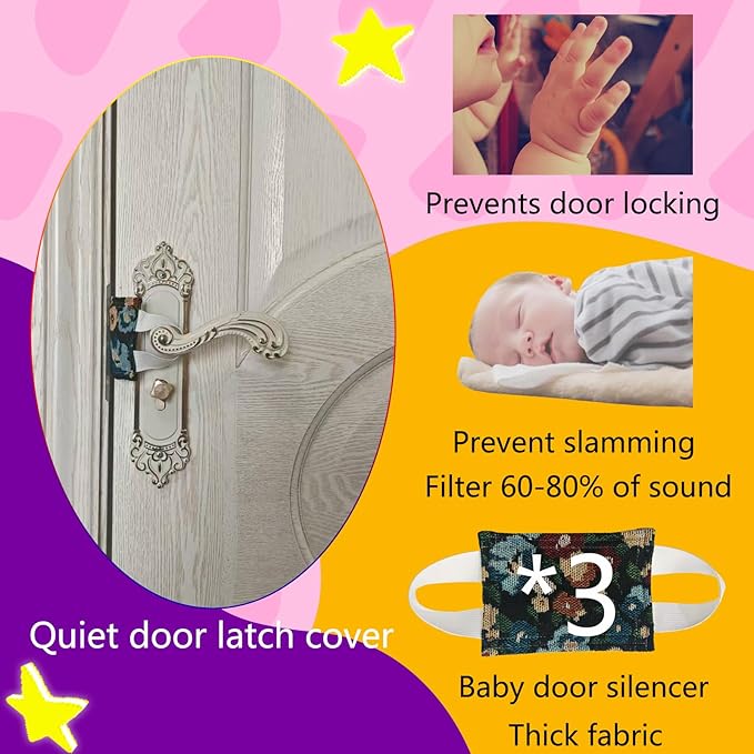 Baby Proof Door Silencer & Cloth Latch Cover, Quiet Close Anti-Slam Pads to Prevent Slamming and Accidental Locking, for Nursery and Toddler Safety (3, Black Floral Pattern, 4.1 * 3.1 inches)