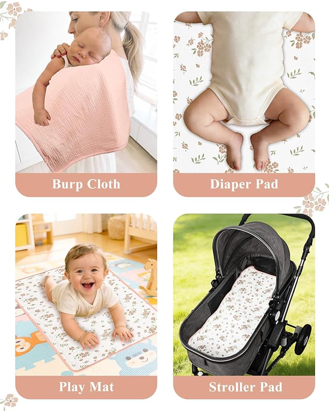 Waterproof Portable Changing Pad 2 Pack, Muslin Cotton Baby Changing Mat Comfortable & Breathable, Foldable Diaper Changing Pad for Travel, Machine Washable, Flower & Pink