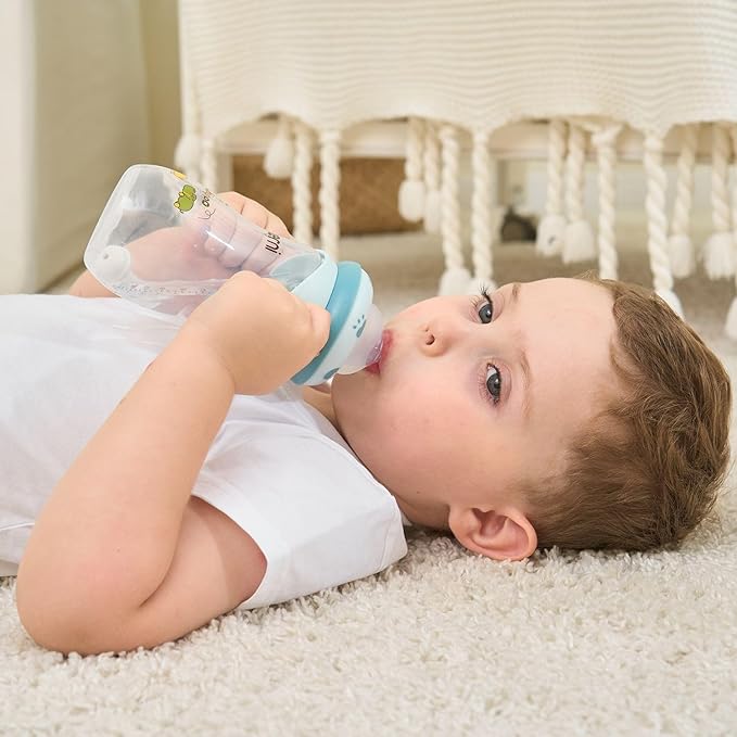 Oberni Toddler Milk Bottle 330ml/11oz, Anti-Colic Baby Bottle with Fast Variable Flow Nipple for 12 Months, Weigthed Straw, Non-Slip Handle, Blue/1Pack