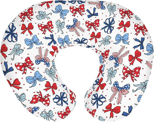 American Flag Bows Stars Baby Nursing Pillow Covers for Boy Girl Patriotic Ribbons Nursing Slipcovers for Breastfeeding Pillows Cute 4th of July Bows Soft Stretchy Removable Cover for Newborn Infant