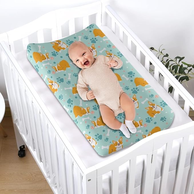 GOSTONG Corgi Dog Paws Print Baby Changing Pad Cover for Boys Girls Cozy Breathable & Washable Stretchy Fabric Diaper Table Cover Sheets, Fit 32x16 Inches Changing Mat