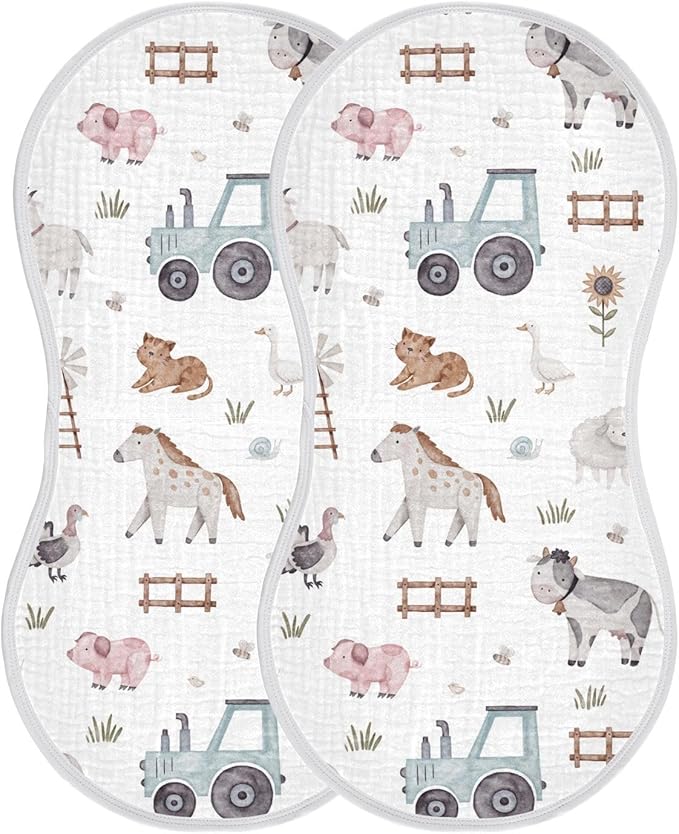 Burbuja Farm Animals Muslin Baby Burp Cloths, Soft & Absorbent Cotton Burping Rags for Newborn Boys & Girls, 2 Pack