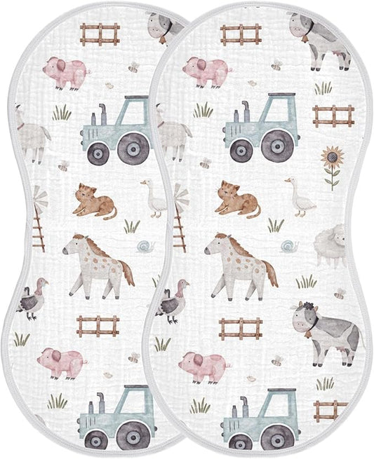 Burbuja Farm Animals Muslin Baby Burp Cloths, Soft & Absorbent Cotton Burping Rags for Newborn Boys & Girls, 2 Pack