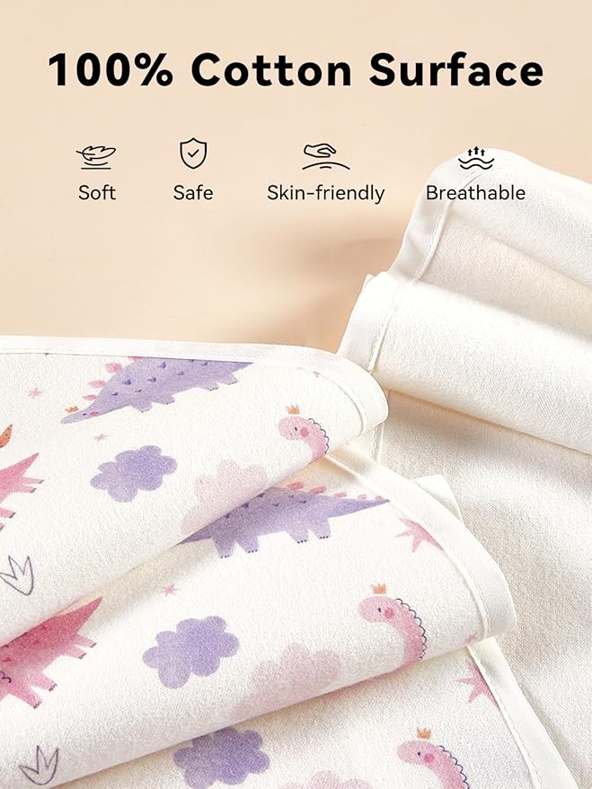 TILLYOU Waterproof Changing Pad Liners 6 Pack, 100% Cotton Reusable Cloth Diaper Liners, Dinosaur
