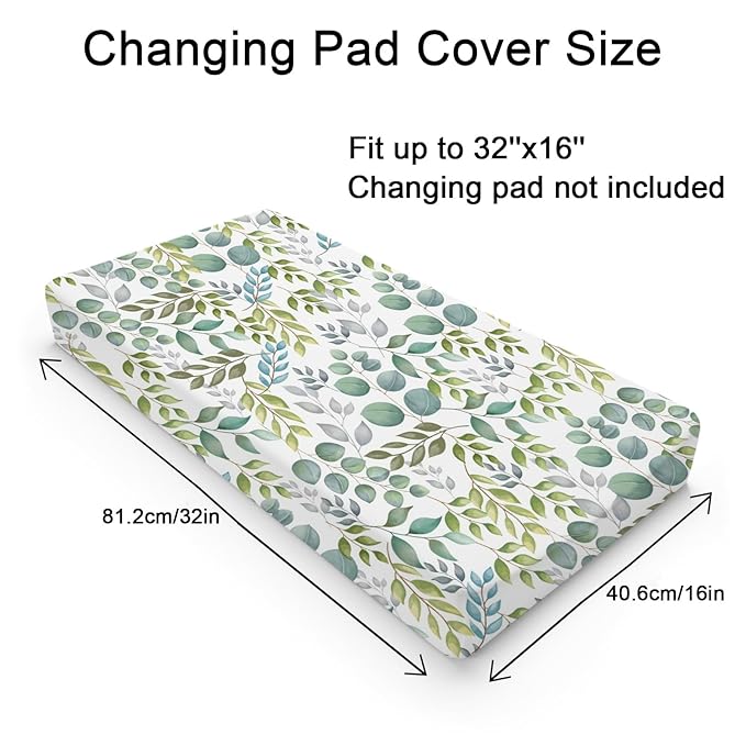 Boho Green Leaves Changing Pad Covers Watercolor Eucalyptus Leaves Diaper Change Table Pad Sheets for Baby Girls and Boys Soft Breathable Stretchy Snug Fitted Changing Mat Cover 32''x16''