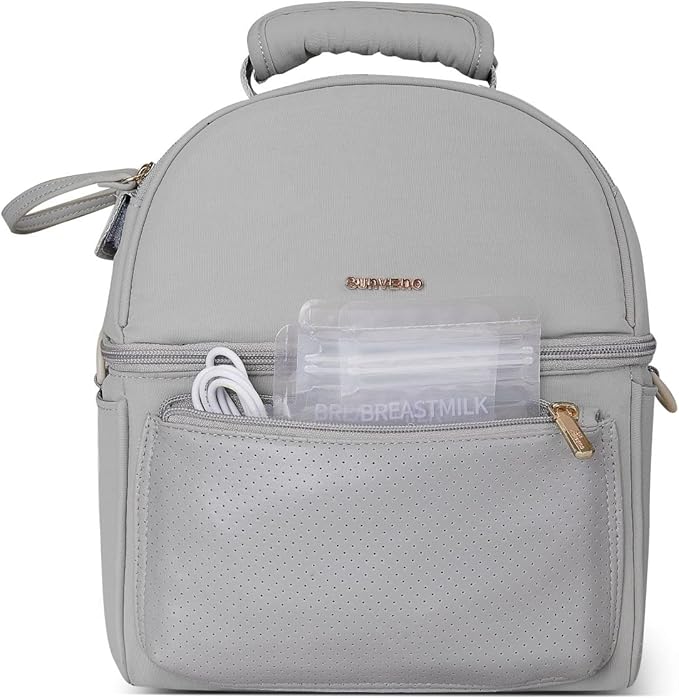 SUNVENO Breast Milk Cooler Bag with Detachable Insulation Box, Double-Layer Pumping Travel Bag for Work & Daycare, Fits Bottles, Ice Packs and Pump Parts,Grey