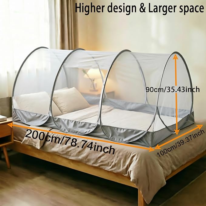 CMINGJ Portable Mosquito Net, Foldable Pop-Up Travel Bed Net, Free Installation Mosquito Tent, for Adults Bedroom Camping Nap Patio L78 x W39 x H35 inch (Single Door with Netting Bottom & Gray Edge)