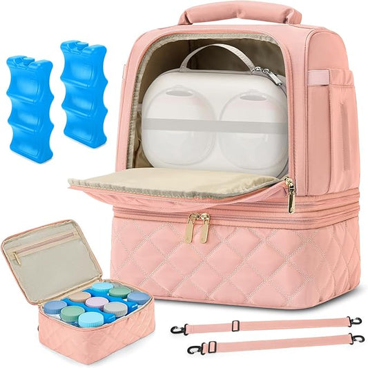 RAINSMORE Wearable Breast Pump Bag, Willow/Eufy/Elvie/Spectra/Medela/Momcozy M5/S12 Pro, Breast Milk Cooler Travel Bag with Cooler Compartment & Ice Pack, Pink