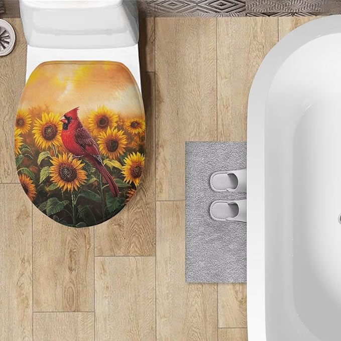 Cardinal Bird with Sunflower Toilet LId Cover Elastic Bottom Soft and Breathable Seat Covers Toilet Seat Cover Set Washable Reusable Toilet Seat Lid Cover