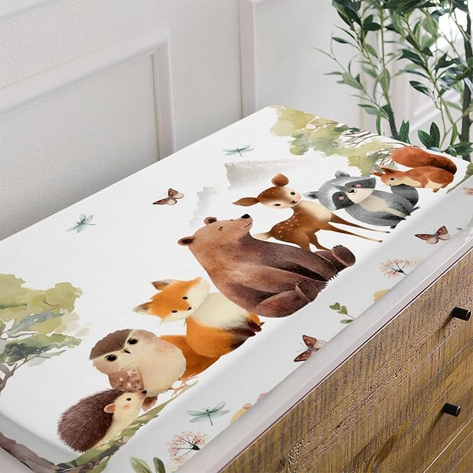 HawSkgFub Animal Friends Changing Pad Cover for Baby Girl Boy, Natural Forest Deer Bear Fox Owl Diaper Change Table Covers, Soft Stretchy Safe Snug Fitted Changing Mat Sheet Fit 32"/34" x 16"