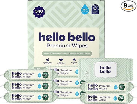 Hello Bello Premium Wipes, Designed for Sensitive Skin with Chamomile & Aloe Extracts, Simply Sage (9 Resealable Packets = 540 Total Wipes)