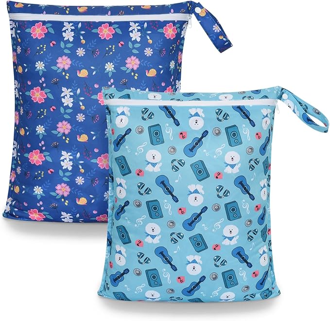 OTraki 2Pcs Waterproof Wet Dry Bags 16x20 inch Wet Bag for Beach, Gym, Yoga, Daycare With Zippered & Handle Wet Clothes Storage Bag Drying do not exceed 176℉(Flower Guitar Pattern)