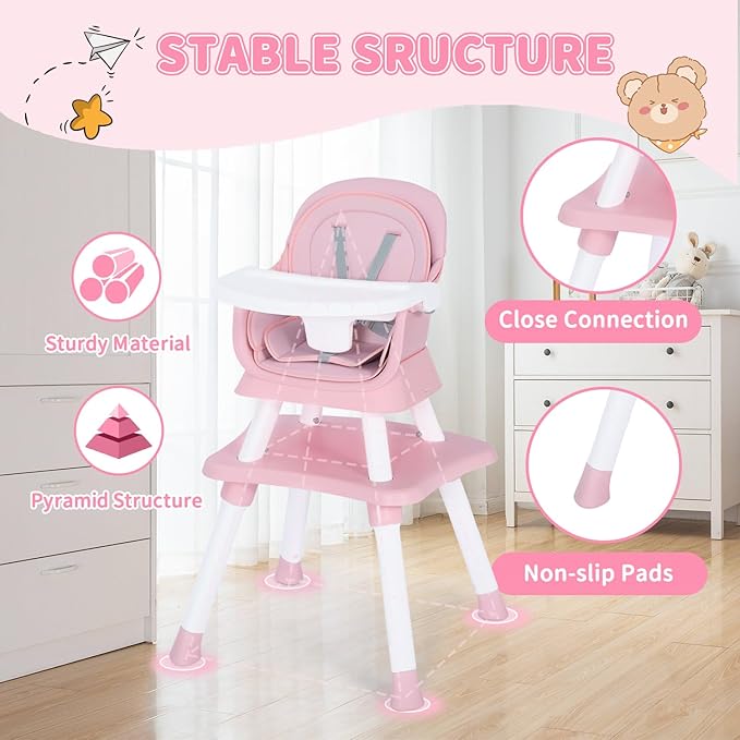 Kinder King 8 in 1 Baby High Chair, Coverts to Dining Booster Seat/Kids Table & Chair Set/Toddler Building Block Table/Kids Stool, Removable Tray & Double Seat Cover, Easy to Wipe, Pink & White