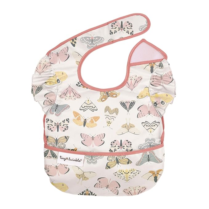 Tiny Twinkle Mess-Proof Baby Bibs for Eating | Waterproof, Wipeable Toddler Bibs with Catch-All Pocket | Feeding Bibs for Girls & Boys(3 Pack,Flutter Set)